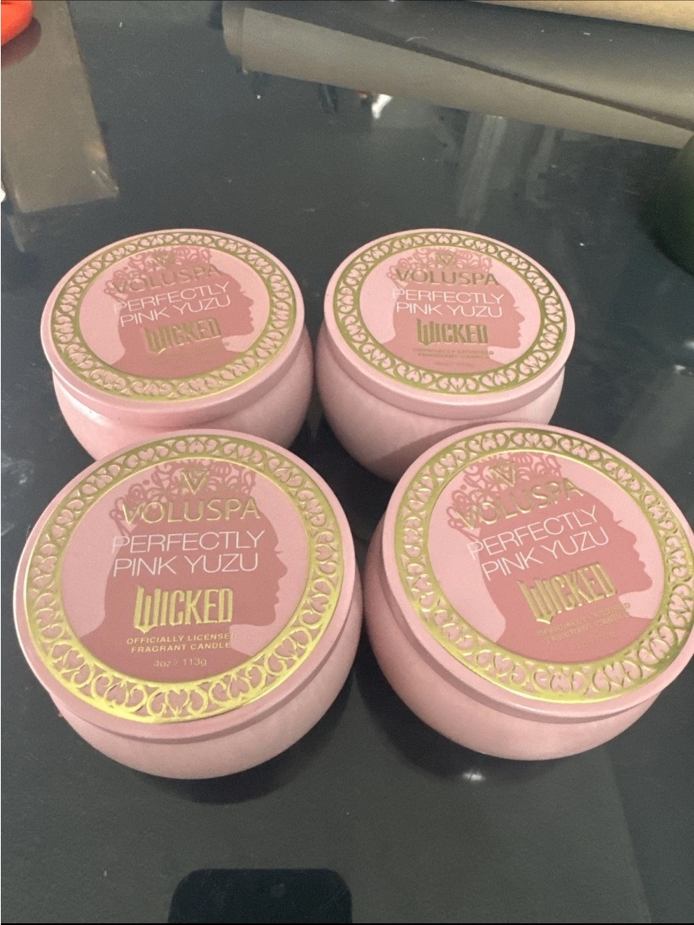 Voluspa Perfectly Pink Yuzu Tin Candle Set - Pink & Gold Accents (4 Pack)